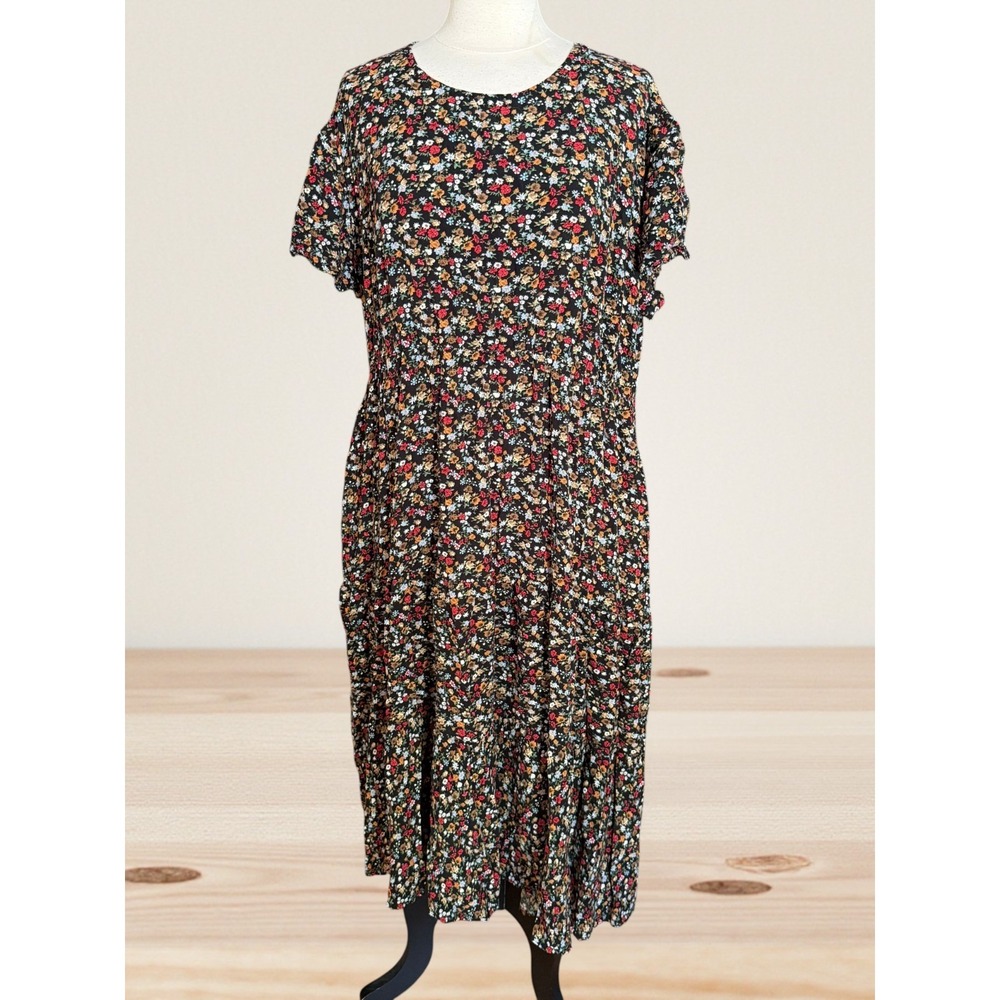 Nemidor Maxi Dress Sz 4XL Tiered Black Floral Short Sleeves Pockets Cottagecore